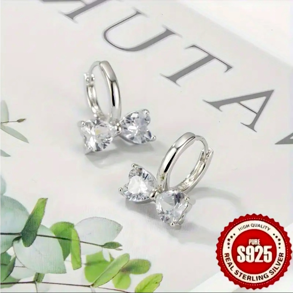 Sterling Silver S925 Bow Huggie Hoop Earrings Simulated Diamond NWT